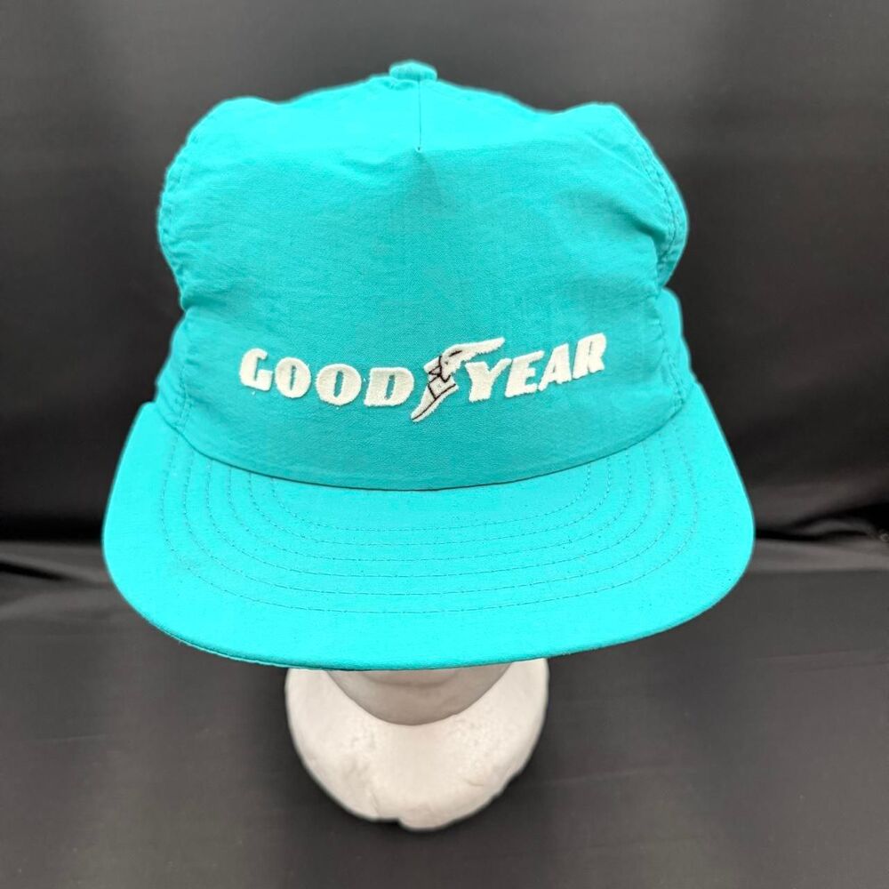 Goodyear Teal Blue VTG 80's Baseball Cap White Logo Nylon Car Racing Indie Retro